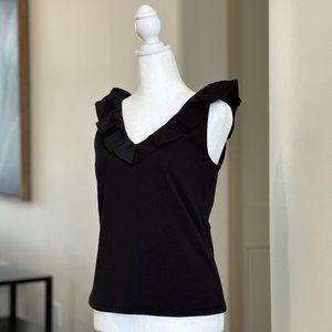 ANN TAYLOR PETITE BLACK RUFFLE V-NECKLINE SLEEVELESS BLOUSE SIZE MEDIUM PETITE